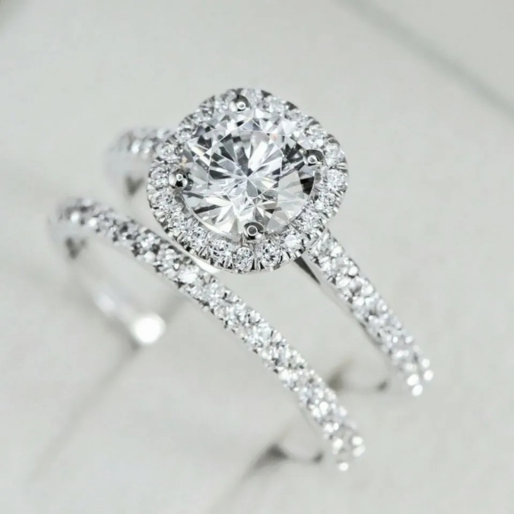New 925 Sterling Silver Diamond Halo 2P Ring Set - Picture 2 of 3